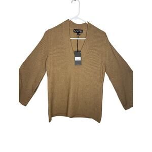 GSTQ Snap Sleeve V-Neck versatile knit Women's Sweater  Color Tan Size Small